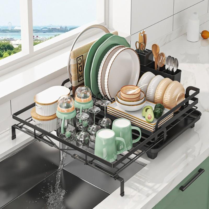 Adjustable Cutlery Rack Kitchen Organizer, Extendable Bowl and Cutlery Rack with Drain Board, Saves Space, Keeps Kitchen Tidy