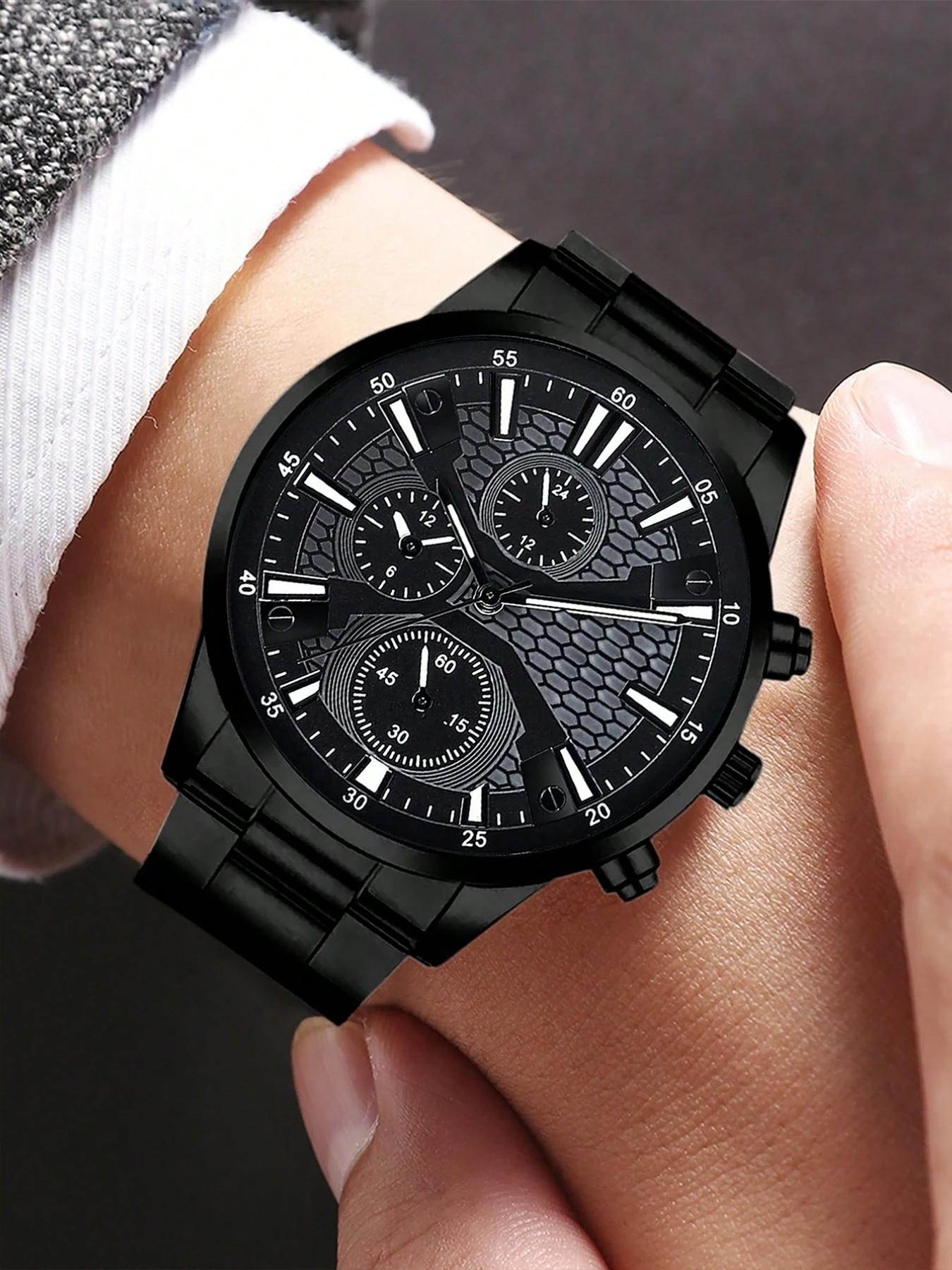 4pcs Men's Fashion Elegant Watch Set, Stainless Steel Quartz Wristwatch, Includes Bracelet, Necklace, Ring, Ideal Gift for Business or Casual Wear