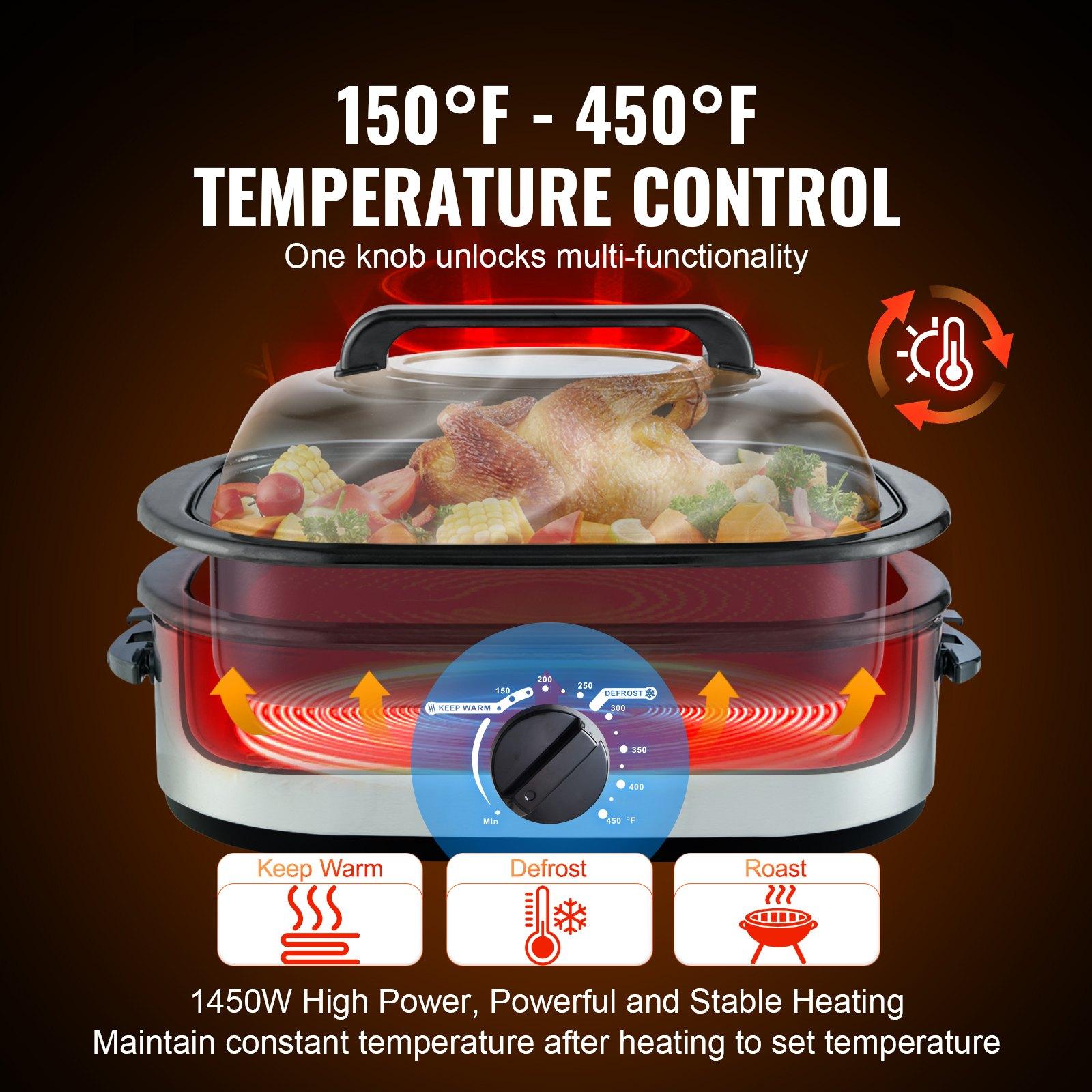 VEVOR Electric Roaster Oven, 18 QT Turkey Roaster Oven with Self-Basting Lid, 1450W Roaster Oven with Defrost Warm Function, Adjustable Temperature, Removable Pan Rack, Fits Turkeys Up to 22LBS