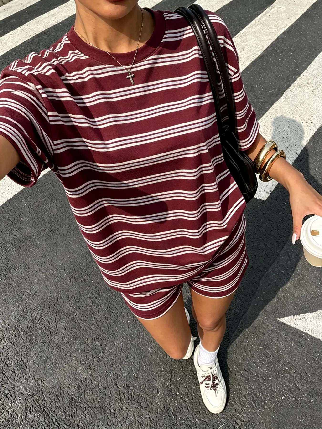 2026 Women's Striped Loungewear 2 Piece Outfit, Casual Oversized Short Sleeve T-Shirt and High Waist Shorts Set, Soft Breathable Fabric, Y2K Aesthetic,Lounging, Running Errands, Beach Days, Streetwear Style, Trendy Matching Set for Women
