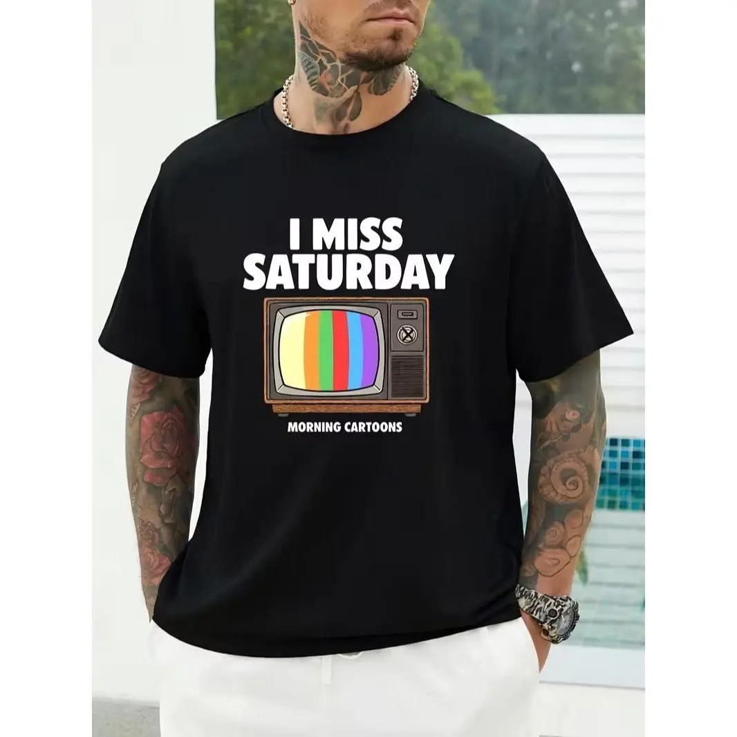 I Miss Saturday Morning Cartoons Retro Vintage TV Graphic T-Shirt, 90s Nostalgia Gift For Millennials, Cotton Short Sleeve Tee Men Women