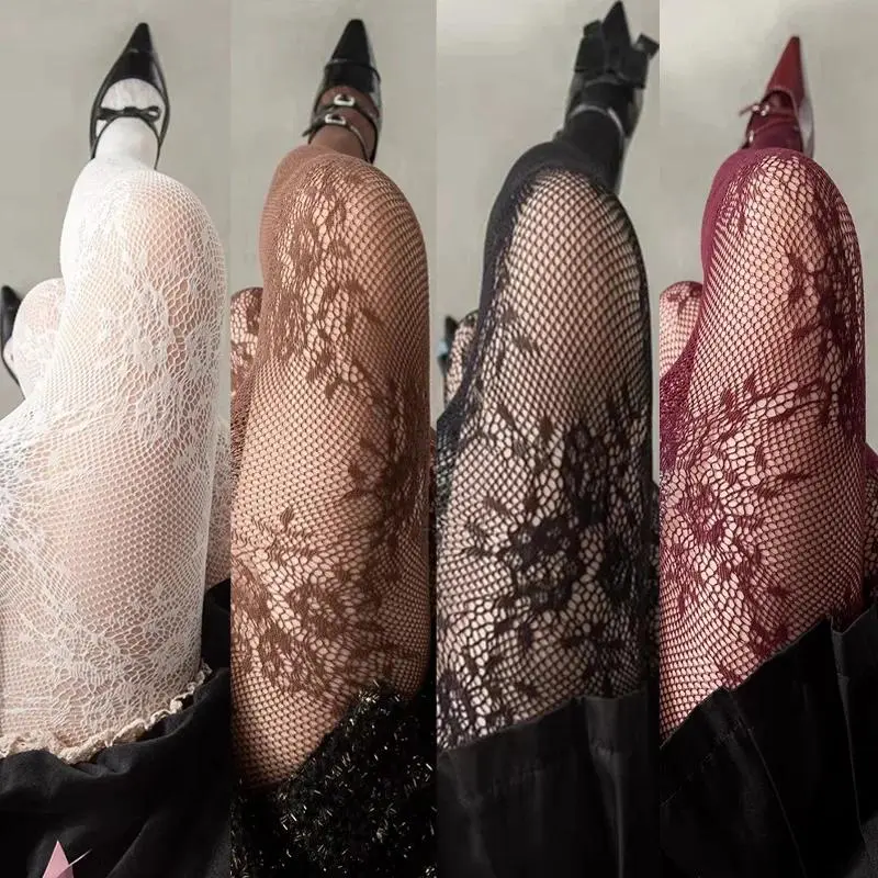 Women's Harajuku Floral Mesh Pantyhose - Black, White, Brown, Hollow Lace, Full Length, Slip-Resistant, Slimming Fashion Hosiery (Sports & Outdoor Clothing), Slimming Effect, Spandex Blend
