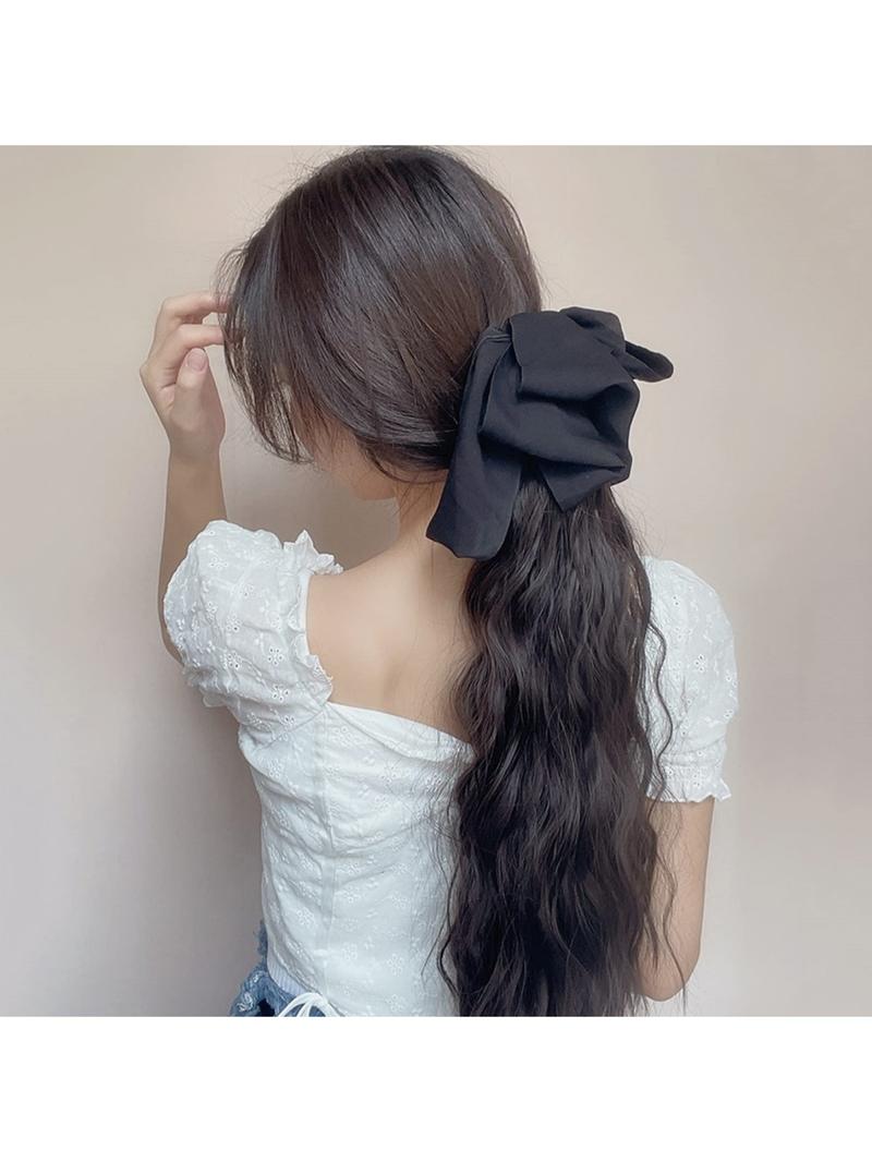 Long Wavy Claw Clip On Black White Bow Hair Extensions Pony Tail Hairpiece Lady Wigs for Women Wig Ponytail Bow Hair Accessories Girls Grab Clip Water Ripple Ponytail Braid High Value Wig Human Hair(Dark Brown,Black Bow)