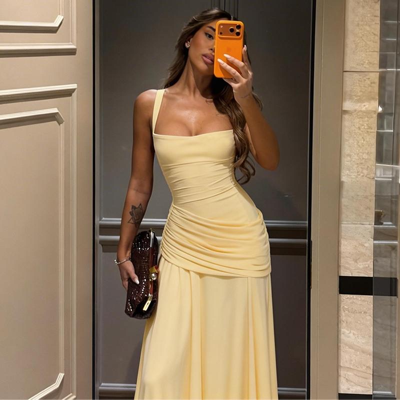 Women's Solid Color TIe-back Sleeveless Bodycon Slip Dress, Plain Criss Cross Straps Back Lace-up Ruched Slim Fit Maxi Dress, Party Club Date Evening Formal Gown Holiday Daily Casual Elegant Long Dresses For Ladies All Seasons Summer Fashion Clothes Wear