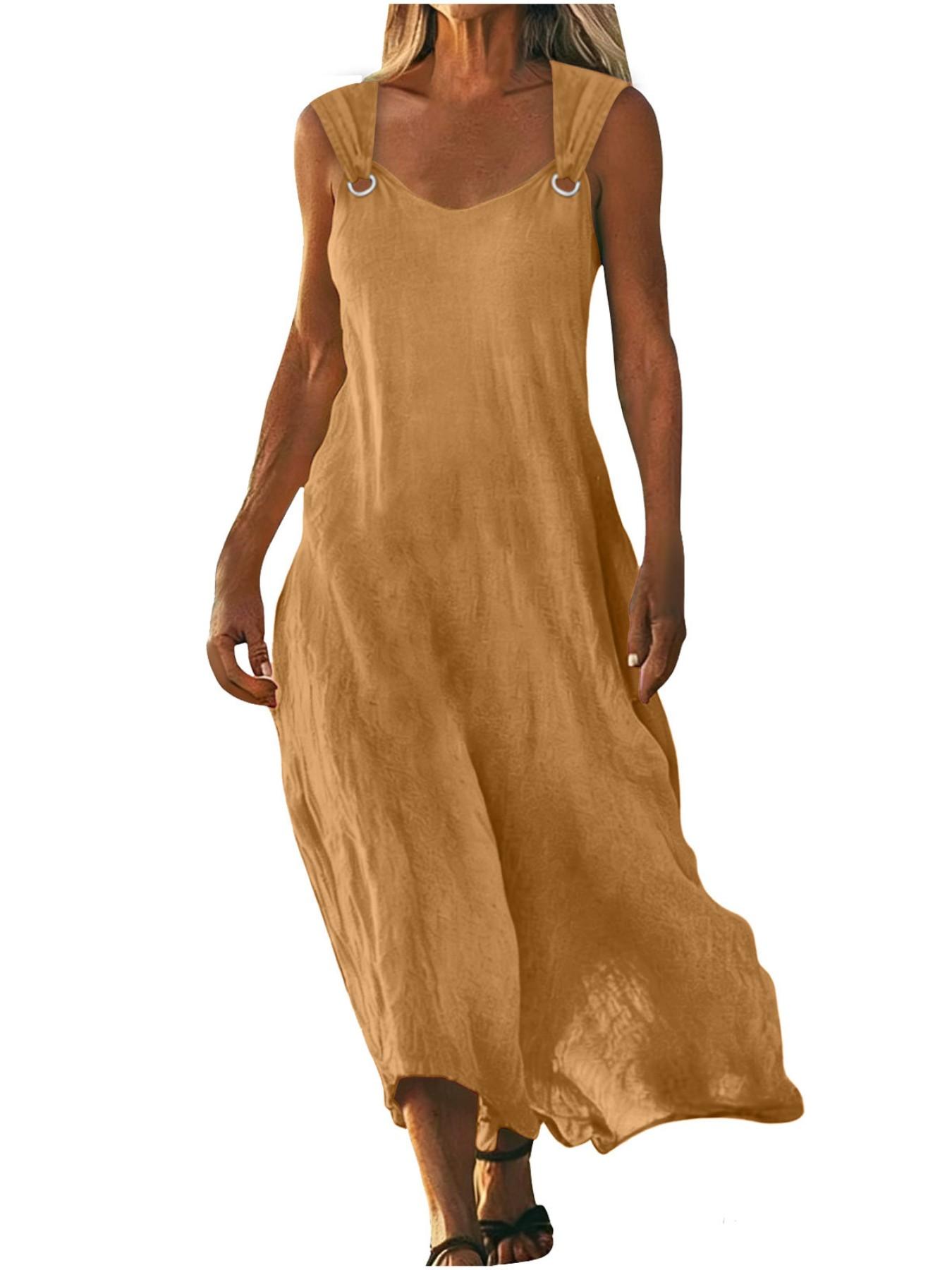 2026 Women's Dress, Everyday Casual Summer Wear, Womenswear, Elegant Aesthetic V-Neck Design, Metallic Button Detailing, Breathable Lightweight Cotton-Linen Fabric, Sleeveless, Minimalist Style