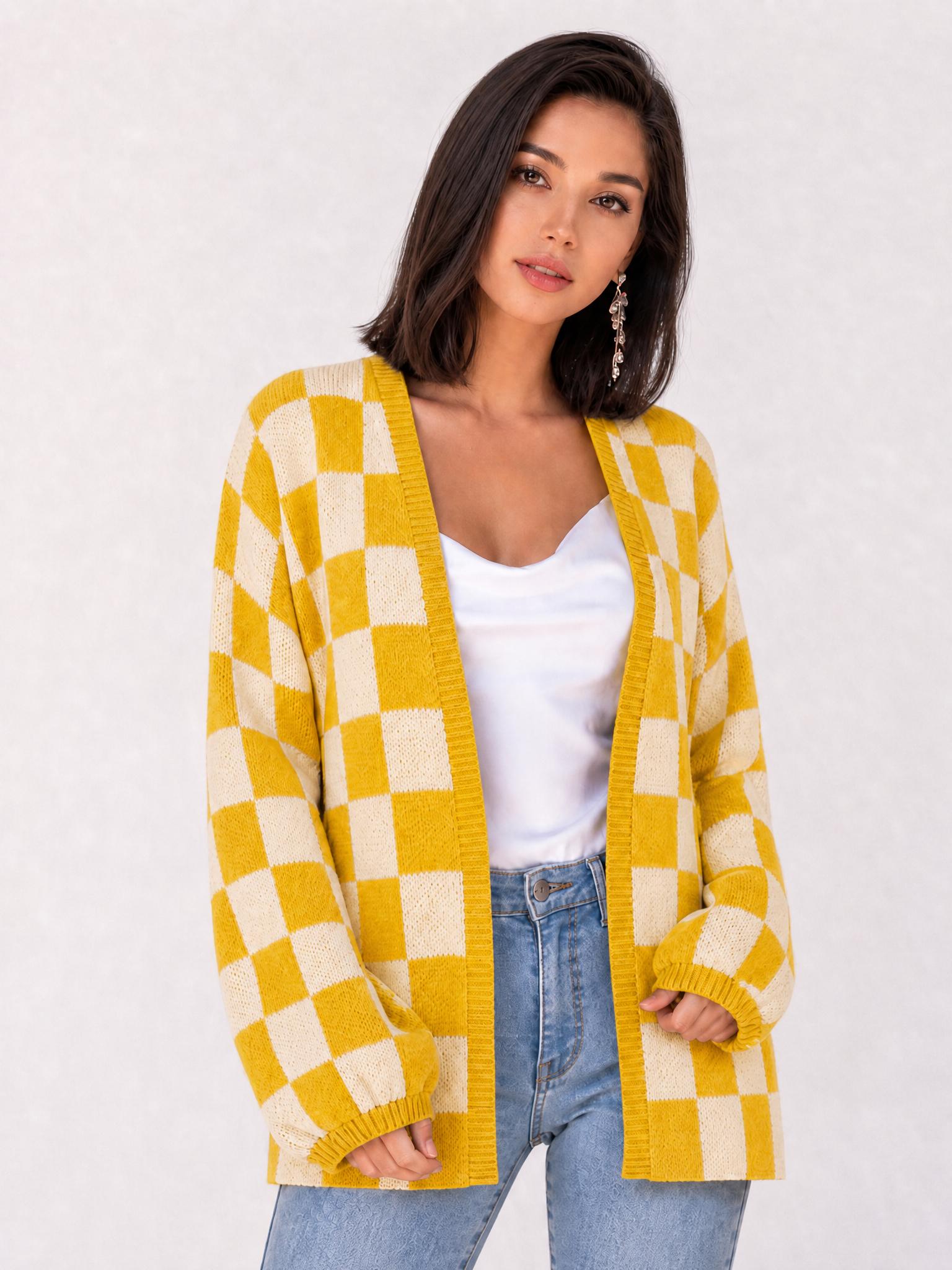 Plus Size Women's Plaid Knit Cardigan, V Neck Open Front Loose Fit Long Sleeve Sweater Coat, Fall & Winter Casual Outerwear