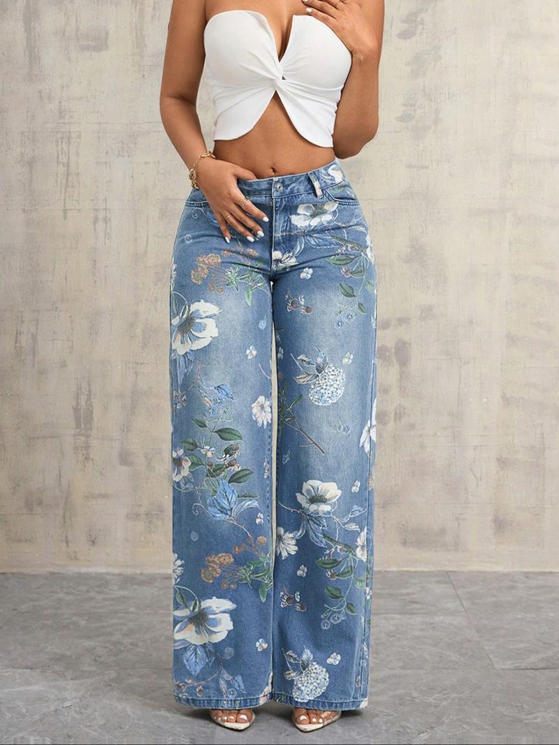 NVFelix High-Rise Vintage Floral Straight Leg Pants for Women Summer Casual Denim Pants Denim Clothing