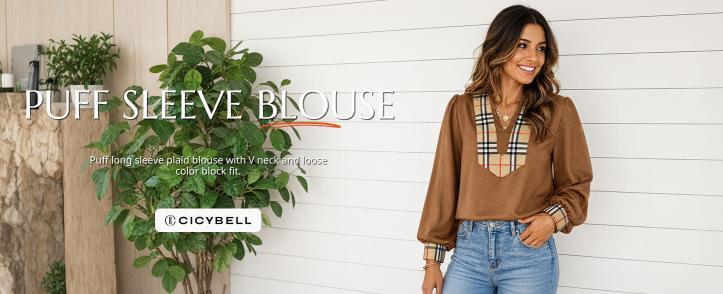 Cicy Bell Womens Puff Long Sleeve Blouse Casual Dressy Color Block V Neck Plaid Tops Loose Fit Shirts