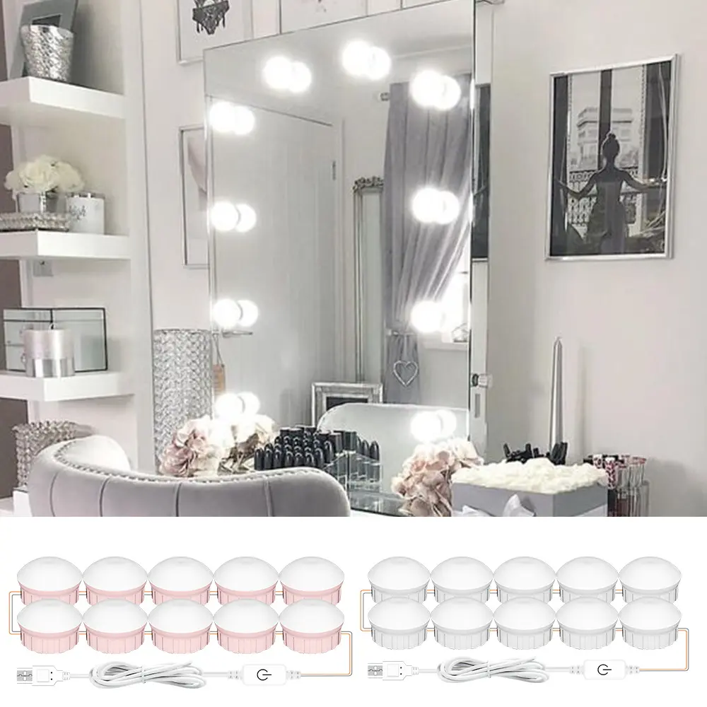 USB LED Makeup Light Hollywood Touch Stepless Dimming 5V 3Colors Adjustable Brightness Bedroom Washroom Bathroom Dressing Mirror Light Eye Protection No Flicker Warm/Cool/Natural White 2/6/10/14Bulbs Bathroom Vanity Lighting