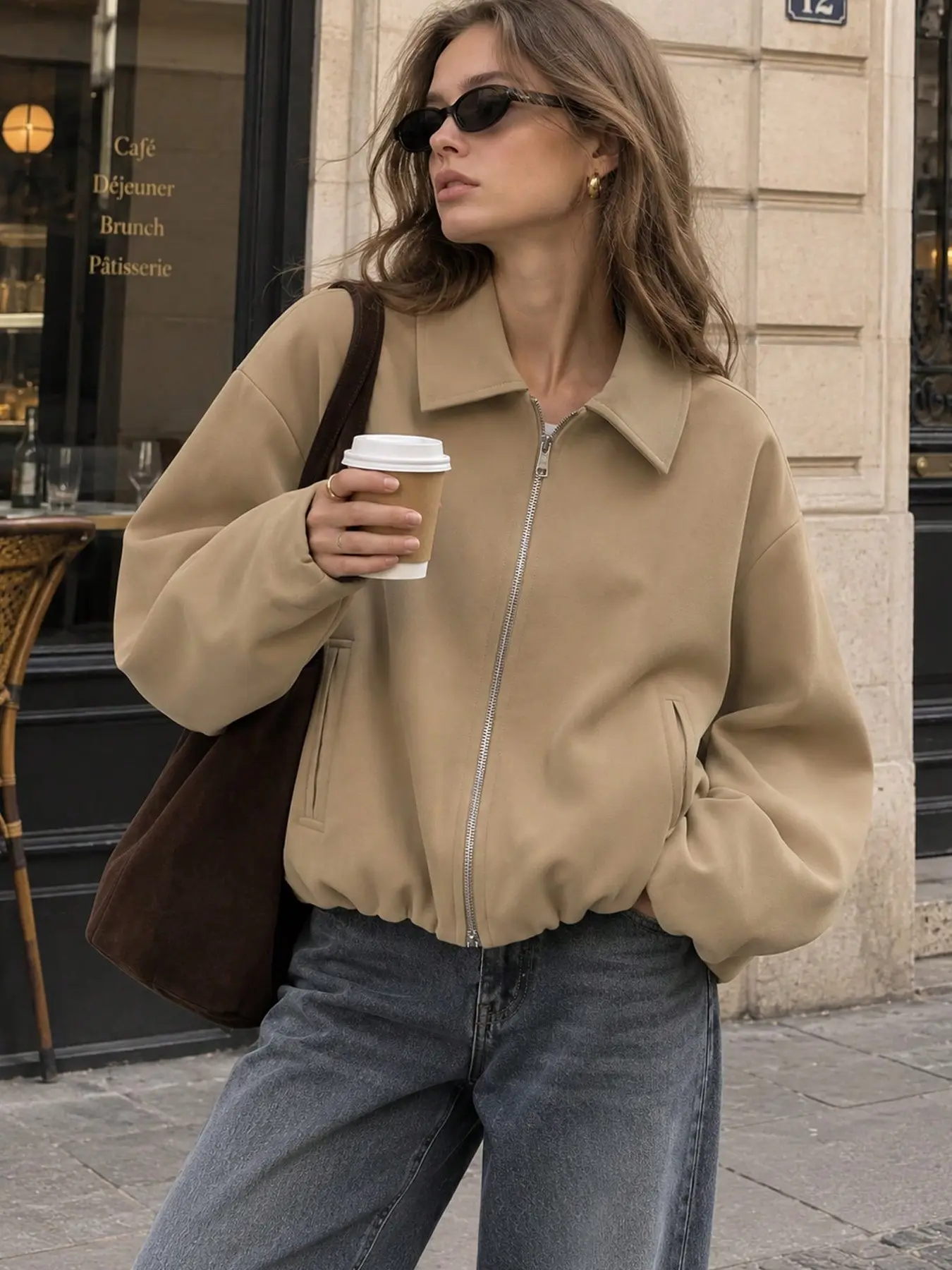 Women's Cropped Bomber Jacket Women's Demi-Season Jacket Female Fashion Casual Loose Jacket Women's Long Sleeve Top Streetwear Autumn Coat Female Lapel Zipper Up Jacket