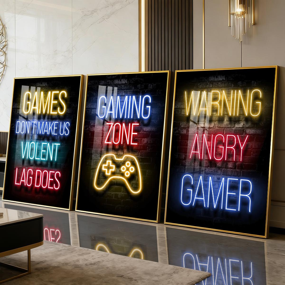 3 Counts Aluminum Alloy Framed Painting, Neon Gaming Zone Poster With Game Controller Wall Art, Home Decoration For Living Room, Bedroom, Office, Restaurant, Hallway Wall Decor, Odorless Print Artwork, Luxury Perfect Gift For Friends And Family
