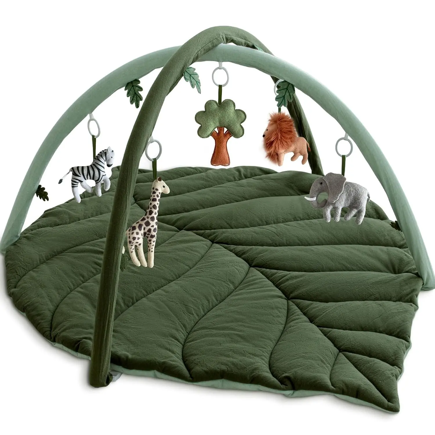 Leaf Shaped Baby Play Gym with Tummy Time Mat, 5 Detachable Hanging Toys for Skill Development, Easy to Install, Washable, Green(Gift)