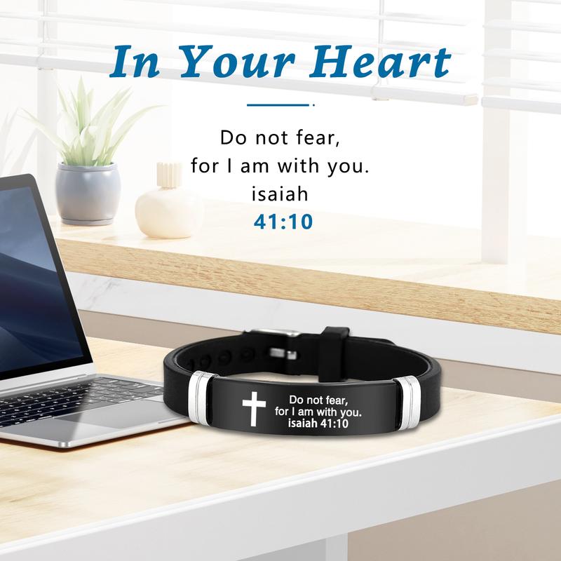 Inspirational Quote Bible Verse Cross Bracelets Faith Christian Silicone ID Wristband Religious Gifts for Men Women Stainless Steel Rubber Adjustable Bracelet