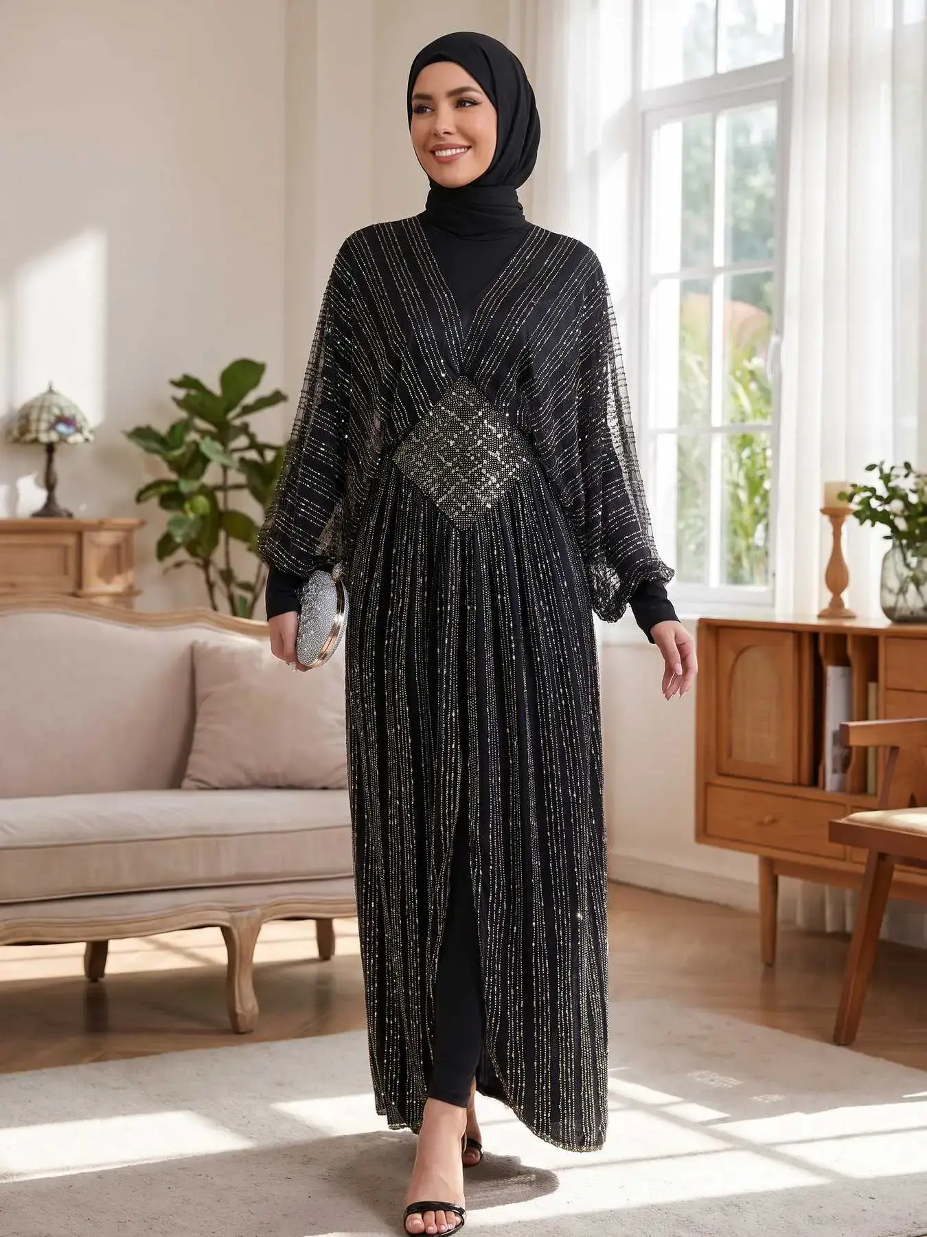 Women Formal Evening Maxi Dress, Black Gold Rhinestone Beaded Mesh Lantern Sleeve V‑Neck Tie Back High Slit Party Gown for Wedding Banquet 88159