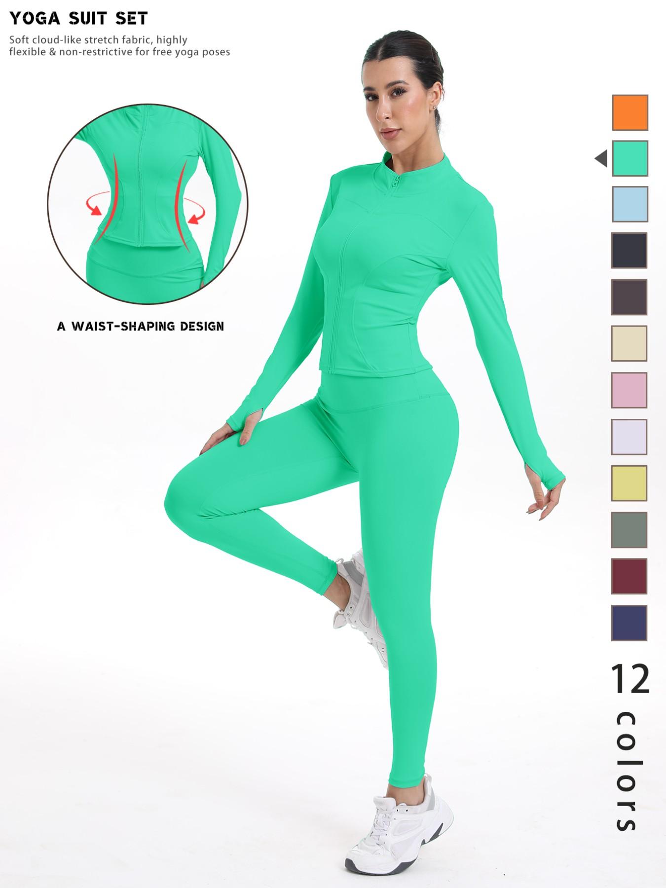 Women's Sporty Quick-Dry Two-Piece Set, New Fashion Slim Fit Yoga Pants, High Elasticity Long Sleeve Top, 12 Colors Available