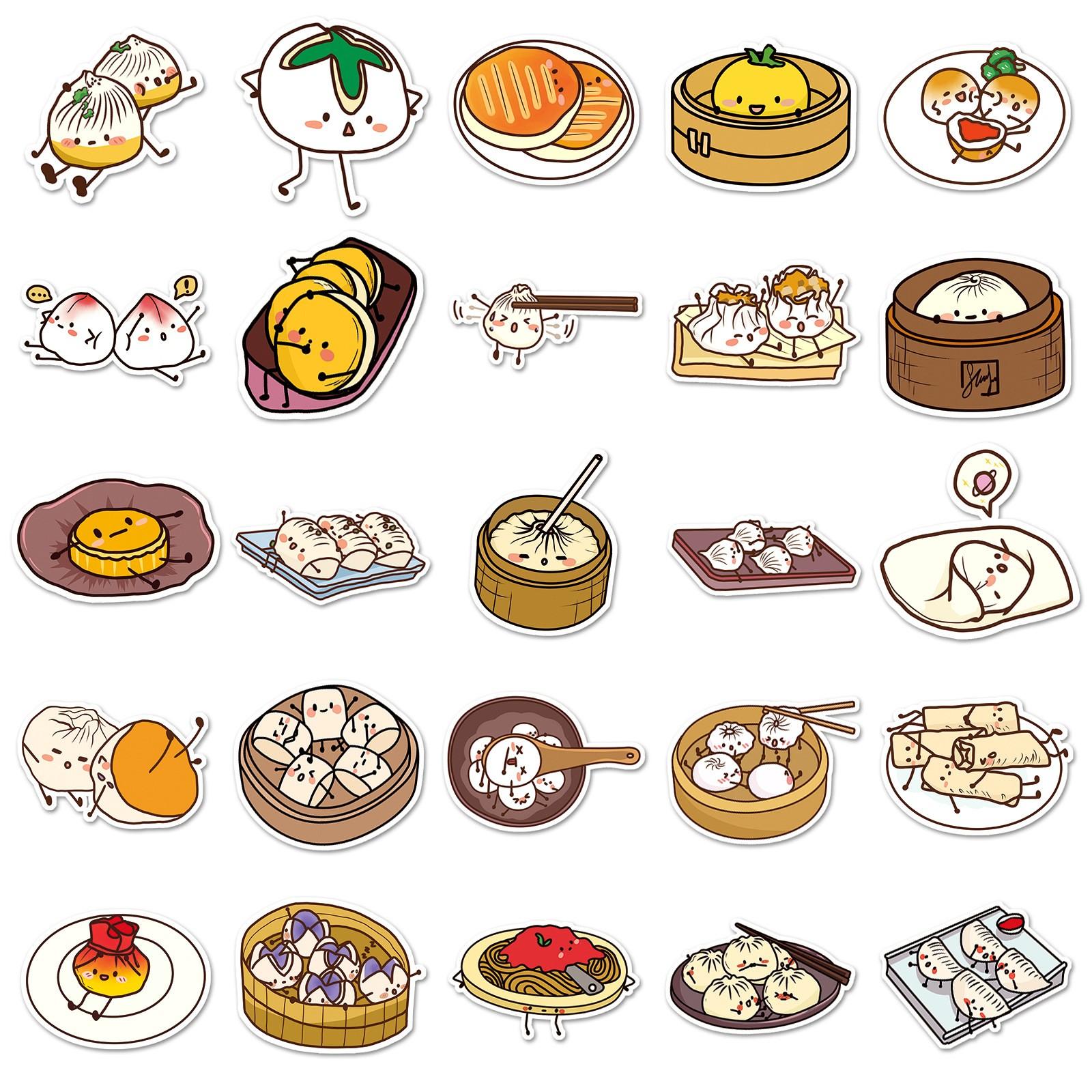 50 Pcs Food Stickers Set, Waterproof PVC Chinese Breakfast Stickers, Cute Cartoon Dumplings Baozi, for Phone, Mug, Notebook, DIY Gift Decor, Phone Decoration, Illustration Stickers