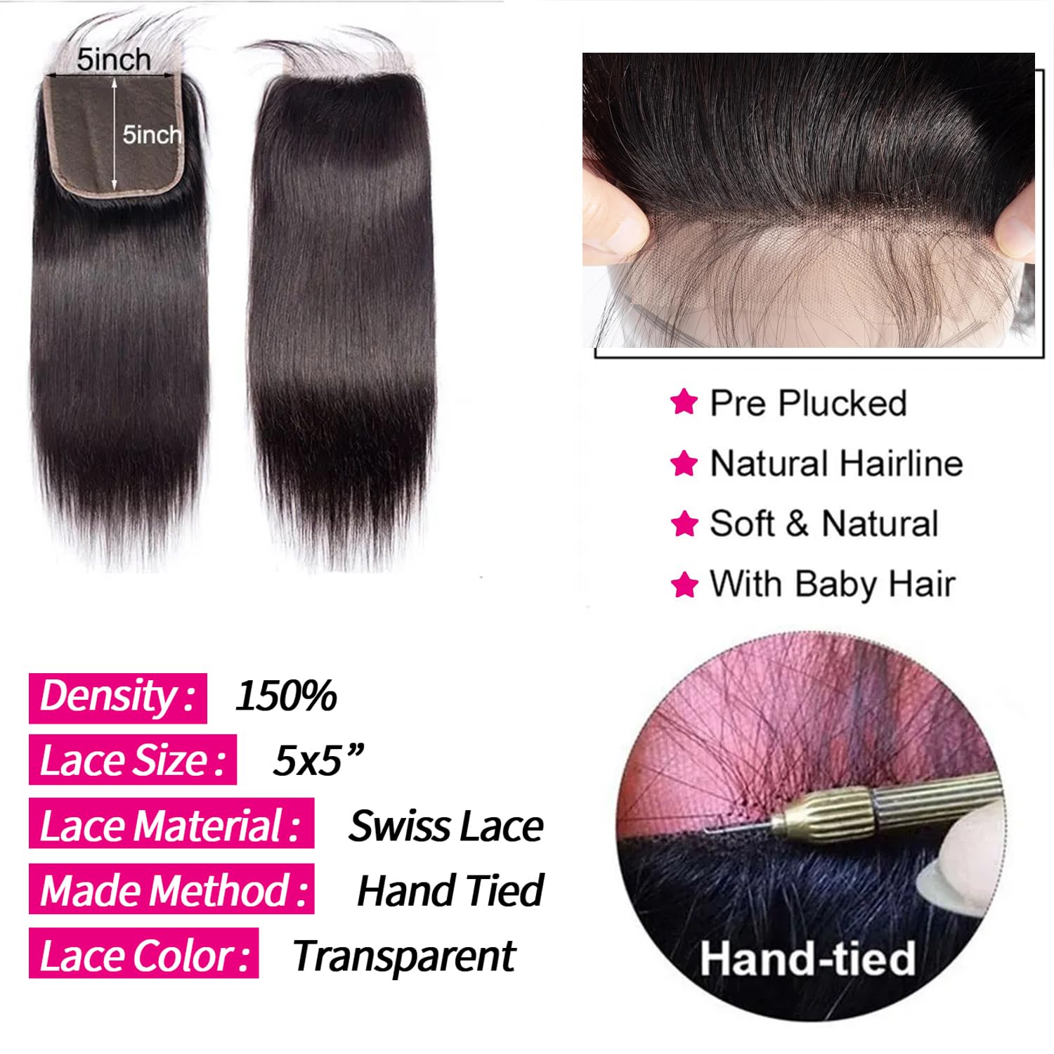 VIPbeauty 10A Straight Bundles with Closure(5*5 Free Part) Human Hair Bundles with Closure 100% Unprocessed Brazilian Virgin Human Hair Weave 3 Bundles with Closure HD Lace