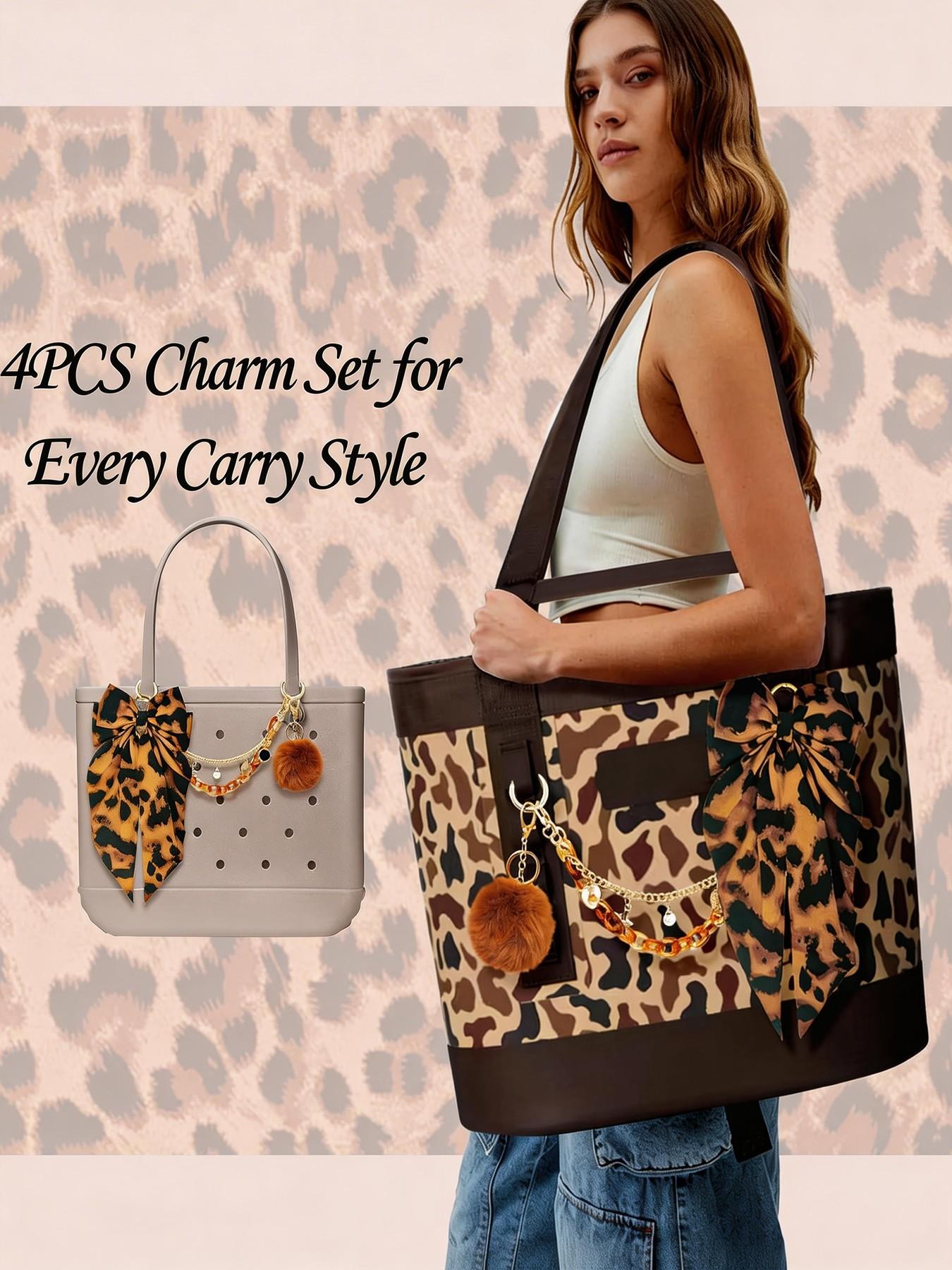 4PCS Leopard Tote Bag Accessories Set, 2 Chains, Satin Bow & Pom Pom, Handbag Decor Kit for Women, Bag Charm Set