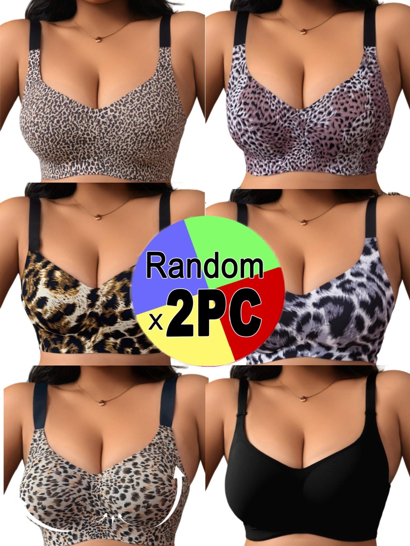 Randow Color,【Plus Size】 Leopard Print Wireless Bra, Comfortable Breathable Adjustable Strap Removable Chest Pads Bra, Women's Lingerie for All Seasons, Womenswear