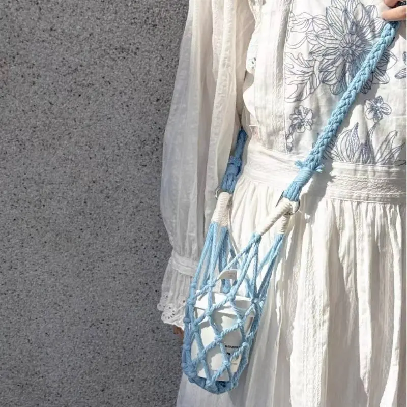 Boho Weave Adjustable Cotton Rope Macrame Water Bottle Holder Crossbody - Breathable Diamond Mesh Gym Sling Bag for Travel