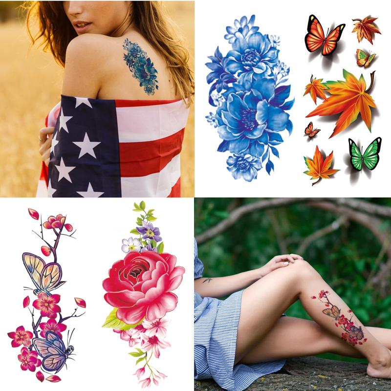 82 Sheets Flowers Temporary Tattoos Stickers, Roses, Butterflies and Multi-Colored Mixed Style Body Art Temporary Tattoos for Women, Girls or Kids Waterproof scene accessories
