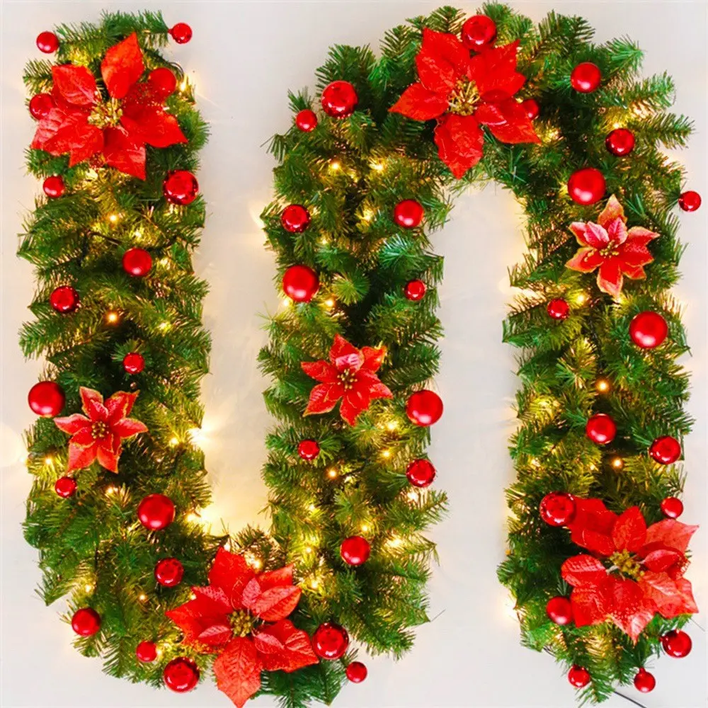 Artificial Christmas Garland Light, Vines with Flowers, Battery-Powered LED, Indoor/outdoor Decor, Home Stairs, Fireplace, Porch
