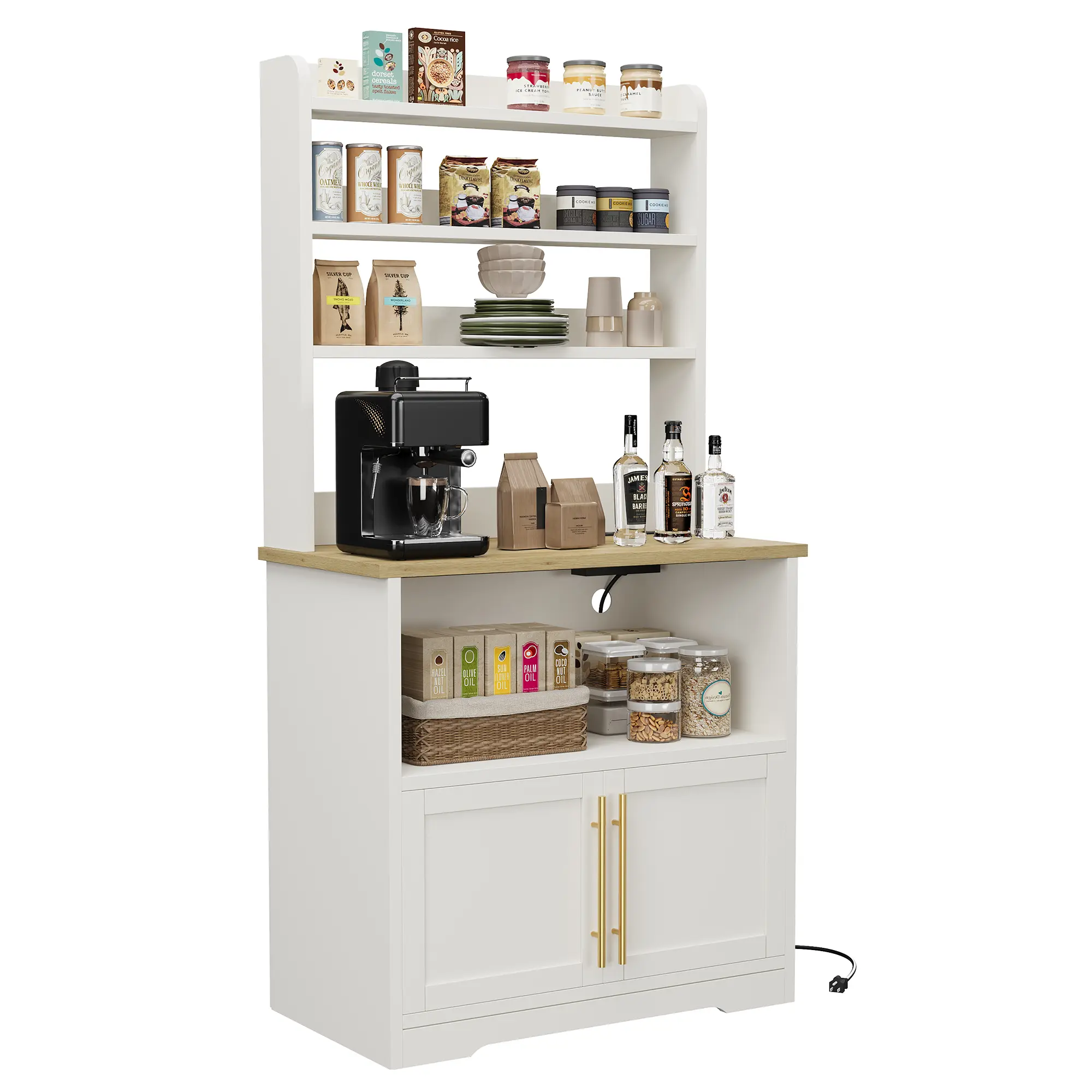 Bakers Rack with Power Outlet, 63 Inch Farmhouse Kitchen Microwave Stand with Storage Cabinet, 2 AC Outlets & 2 USB Ports, 150 lb Countertop, 3-Tier Open Shelves, Thickened MDF Coffee Bar Cabinet for Kitchen, Dining Room, Pantry or Apartment