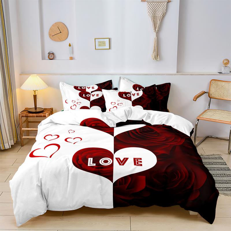 Heart Rose Letter Flower Modern Bedding Set, 2/3 Piece (1 Fitted Sheet + 1/2 Pillowcases), 90g Polyester Fiber, Ca Prop 65 Compliant