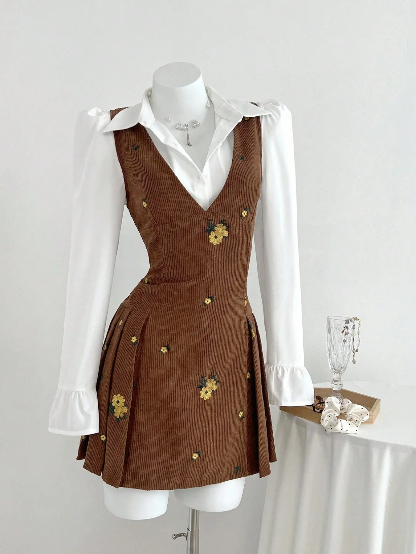 Vintage Corduroy Embroidered Vest Dress + Puff Sleeve Shirt Set, Rural Style, Fall, Corduroy Dress, Strapless Dress, Retro Style, Two-Piece Set, College Style
