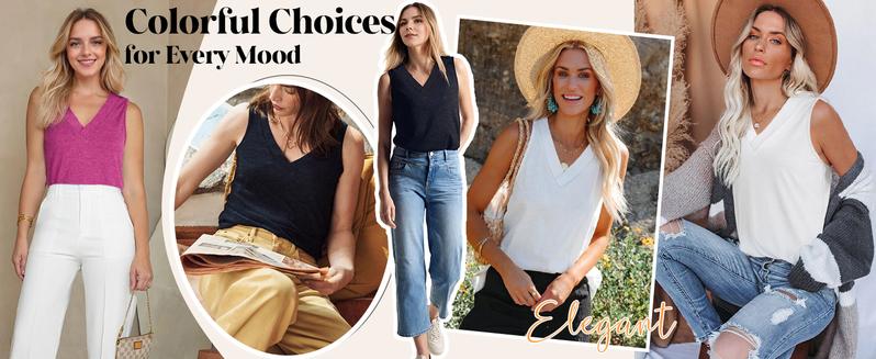 WIHOLL Tank Top for Women Loose Fit Sleeveless Shirts V Neck Summer Clothes Ruched Women's Tees and Tanks Curved Hem