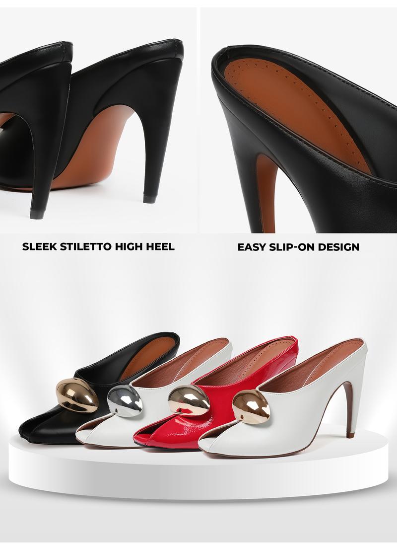 CYNLLIO Jewel Mules for Women High Heels Chic Metal Decor Peep Toe Stiletto Pumps Square Toe High Heeled Mules Comfortable Sandals Slip On Elegant Office Fashionable Casual Wedding Dating Dress Spring Shoes Valentine Gifts