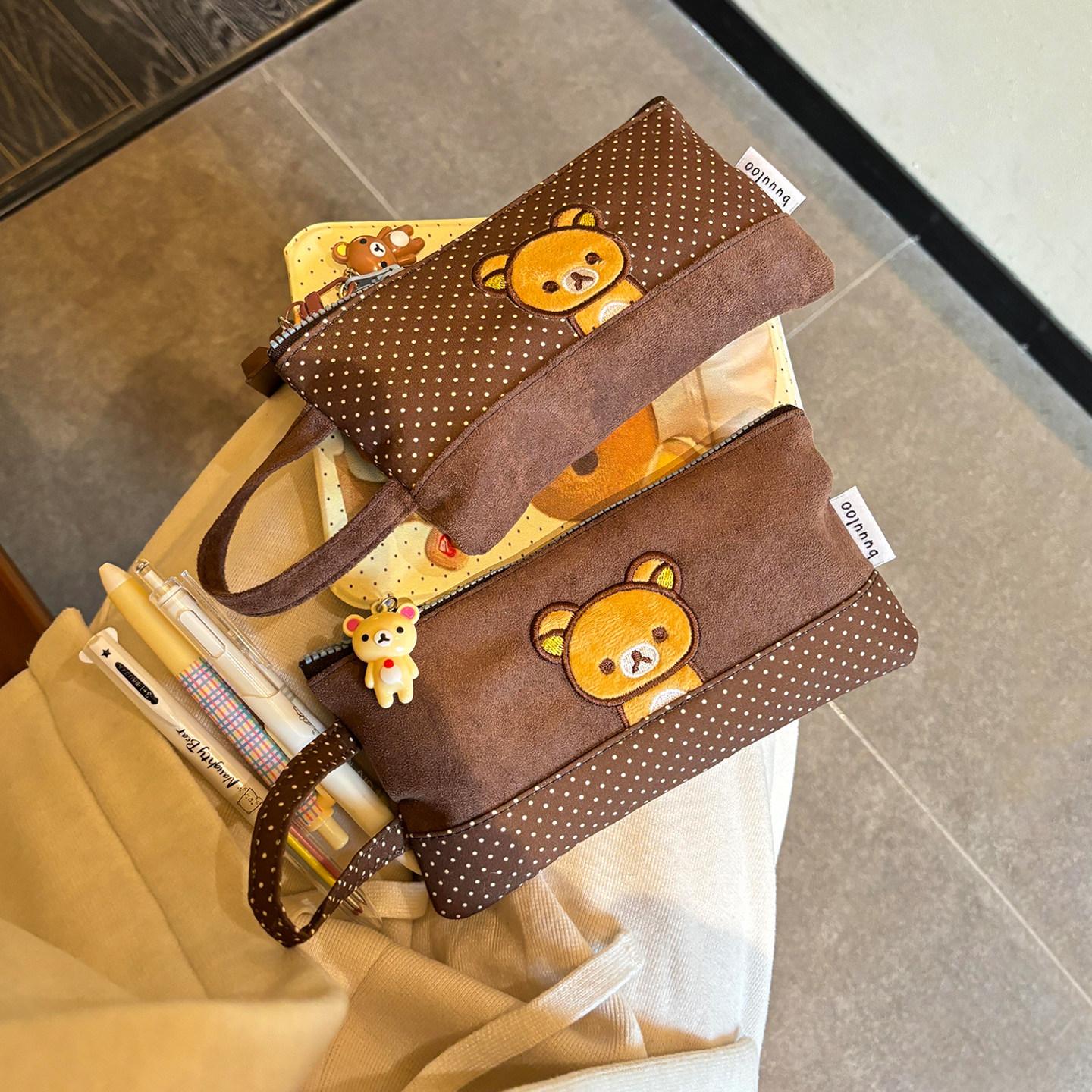 Buuuloo Original Embroidered Rilakkuma Pencil Case Large Capacity Polka Dot Ins Style Kawaii For Teen Girls High School Students