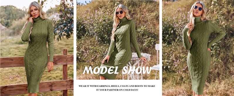 Imily Bela Womens Long Sleeve Turtleneck Sweater Dresses Knitted Bodycon Midi Sheath Jumper Dresses