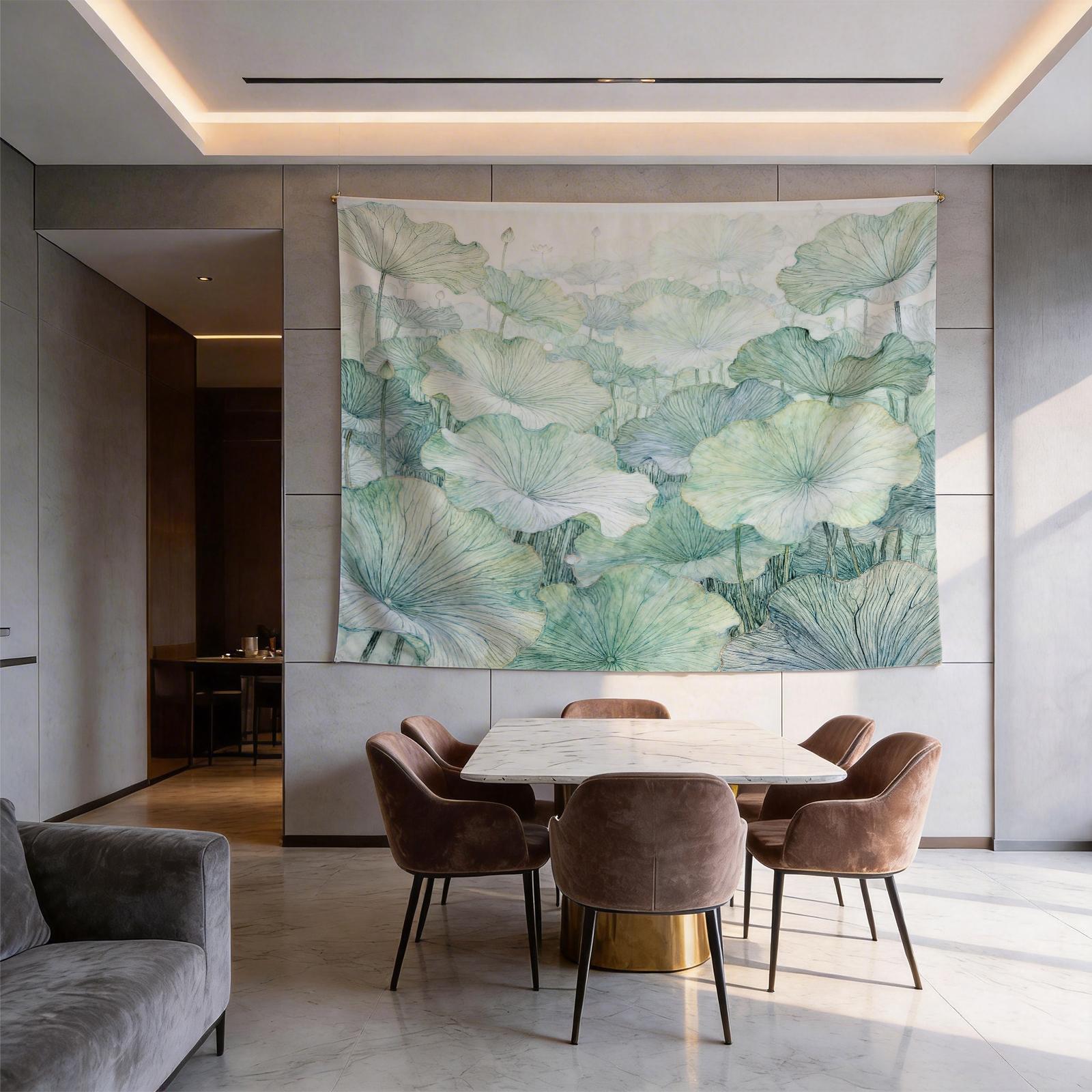 1 Piece Watercolor Lotus Leaf Tapestry, Green Lotus HD Digital Print Wall Hanging, Boho Aesthetic Decor Tapestry for Bedroom Living Room Dorm