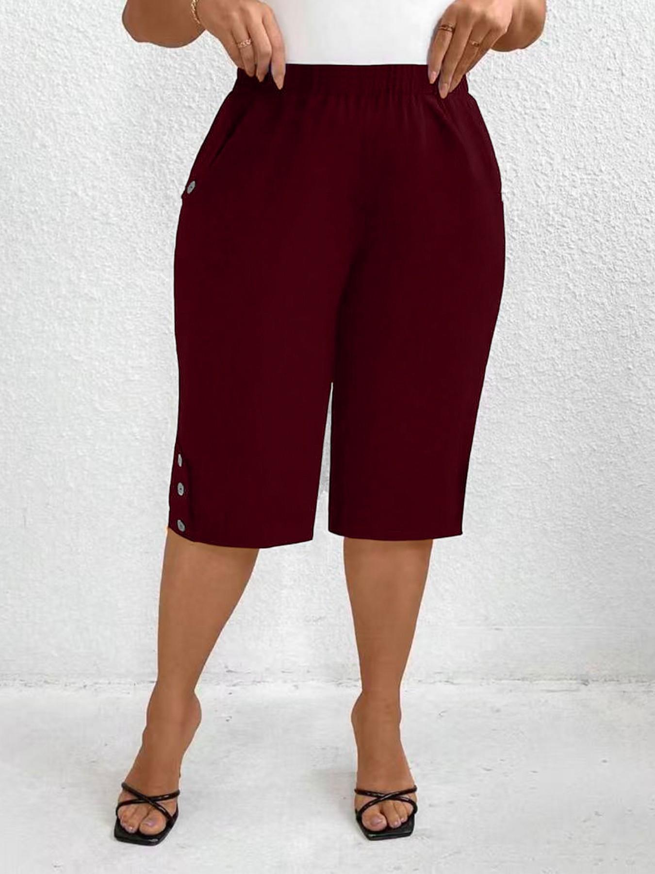 Elegant Plus Size Solid Color Elastic Waist Fitted Slant Pocket 7/8 Pants, Casual Fitted Bottoms, Comfortable High Stretch Women's Casual Trousers
