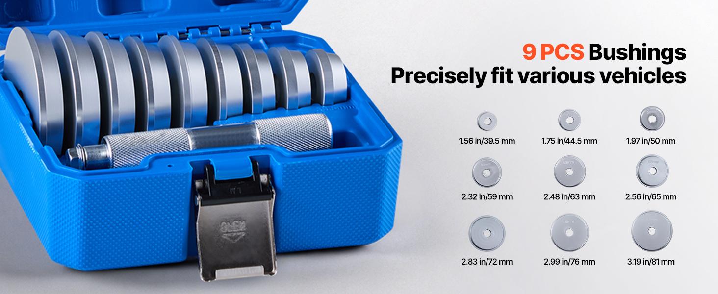 VEVOR Bearing Press Kit, 10 Pcs, Bearing Race and Seal Driver Set with 9 Bushings and Handle Shaft, Bushing Driver Tool Set, Heavy Duty Aluminum Alloy Removal Installation Tool Kit with Storage Case