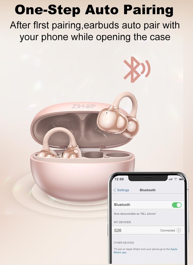 ZIHNIC M108 Clip-on Earbuds,Open Ear Earbuds WirelessBluetooth 5.4,Lightweight Open Ear Headphones with C-Shaped Bridge,Slim Hook,50H Battery,Waterproof,forGlasses Wearers and Workouts