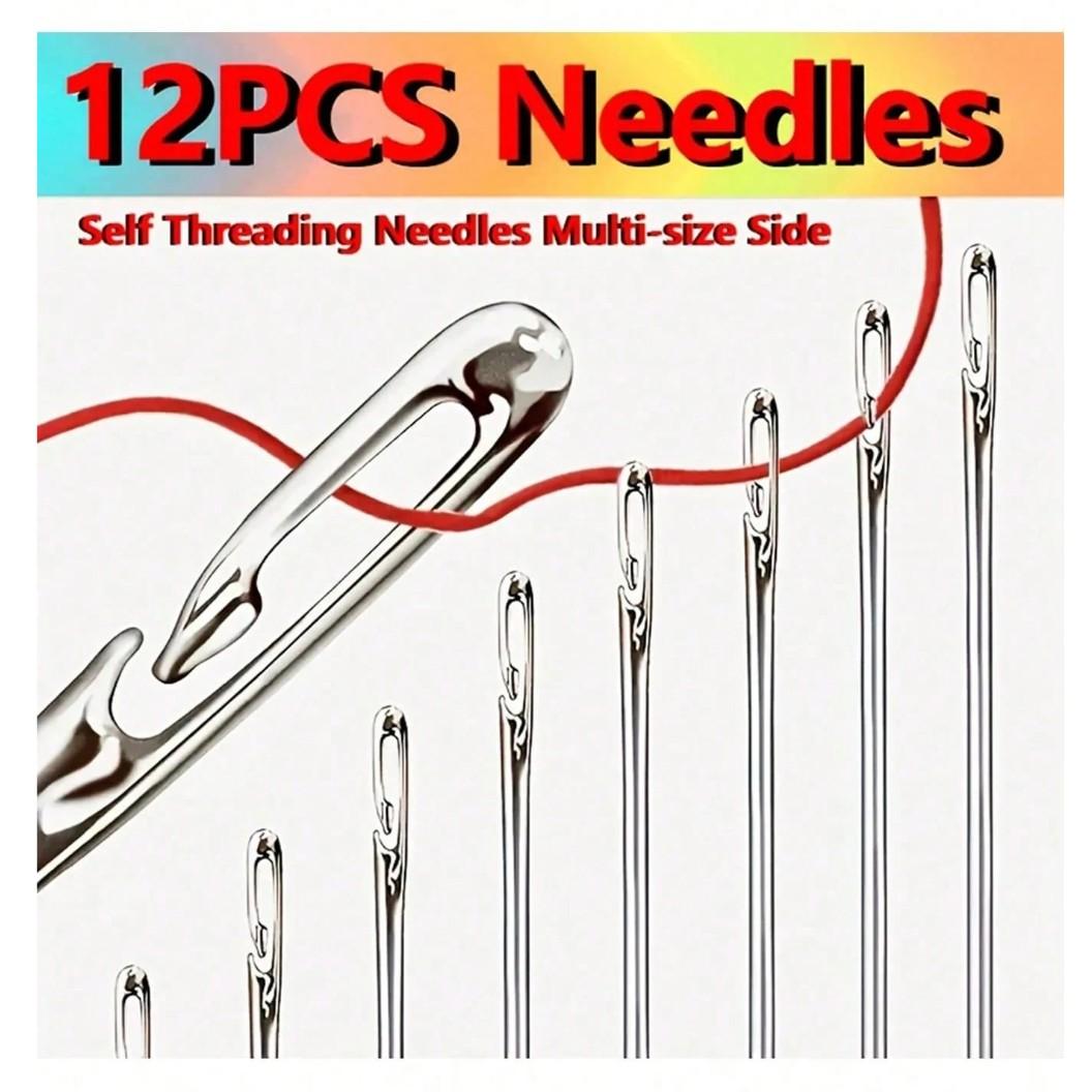 12-Pack Stainless Steel Sewing Needles with Side Holes, Elderly Handmade Sewing Needles, DIY Home Craft Supplies, Tail, Silver Color Tail