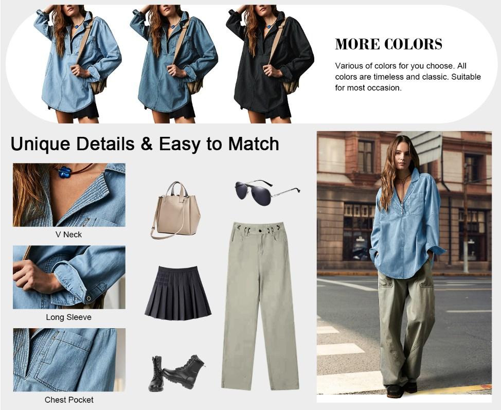 Goranbon Women's Denim Pullover Casual Notch V Neck Blouse Loose Fit Long Sleeve Jean Jacket with Pocket