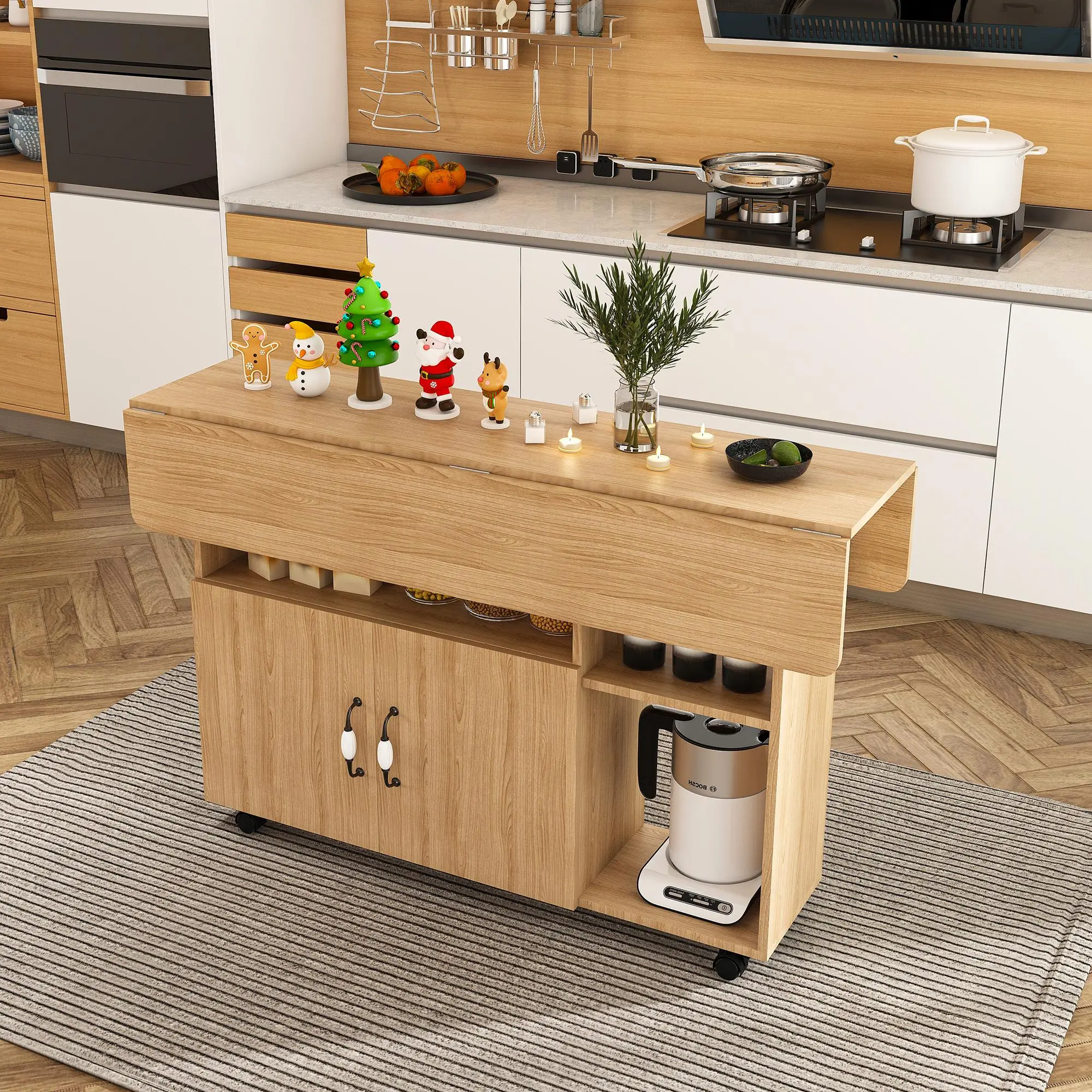 47 Inch Multi-Functional Folding Table with 3-Tier Storage Shelves and Locking Wheels, Walnut Finish Compact Dining Table or Desk for Small Apartments and Dorms