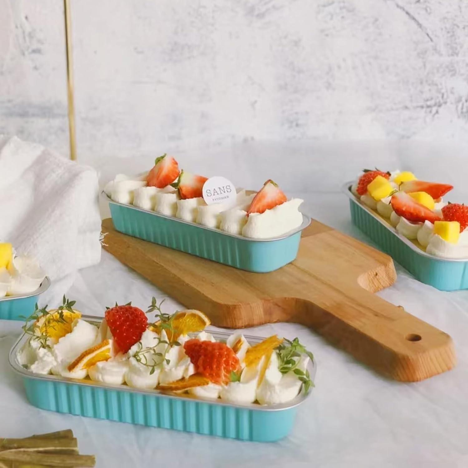 20pcs Long Rectangle Tiramisu Chocolate Packaging Foil Boxes, Aluminum Cake Box Dessert Molds, Disposable Foil Cups for Baking