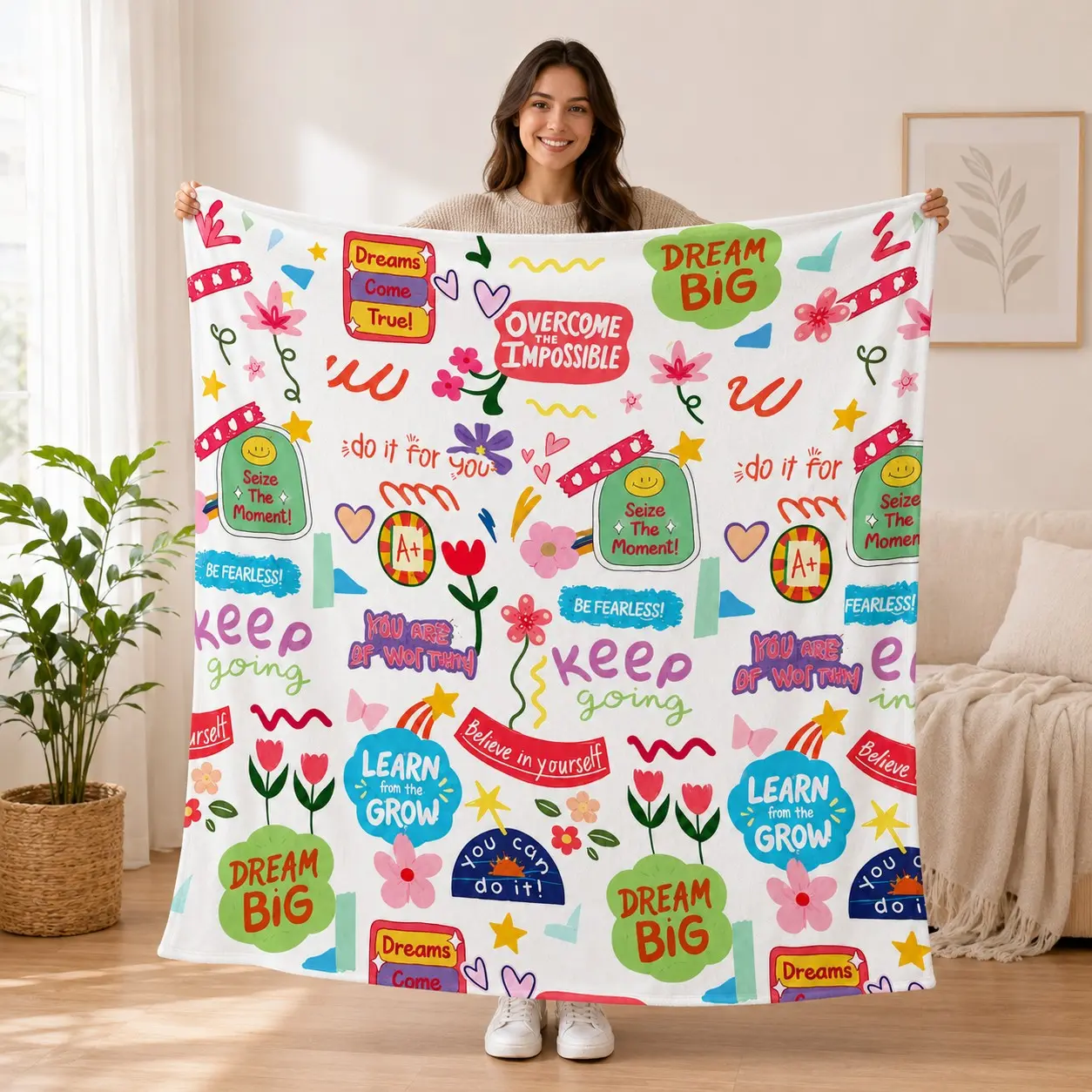 Motivational Quote Flannel Throw Blanket, Colorful Positive Affirmation & Doodle Print, Soft Cozy Lightweight Warm Blanket for Teens