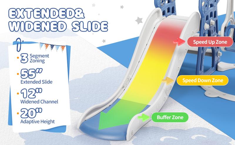 Rengue 4 in 1 Toddler Swing and Slide Set for Age 1-6 Indoor Playground for Children Baby Swing Set with Slide, Climber, Basketball Hoop and Long Slide for Boys and Girls Blue