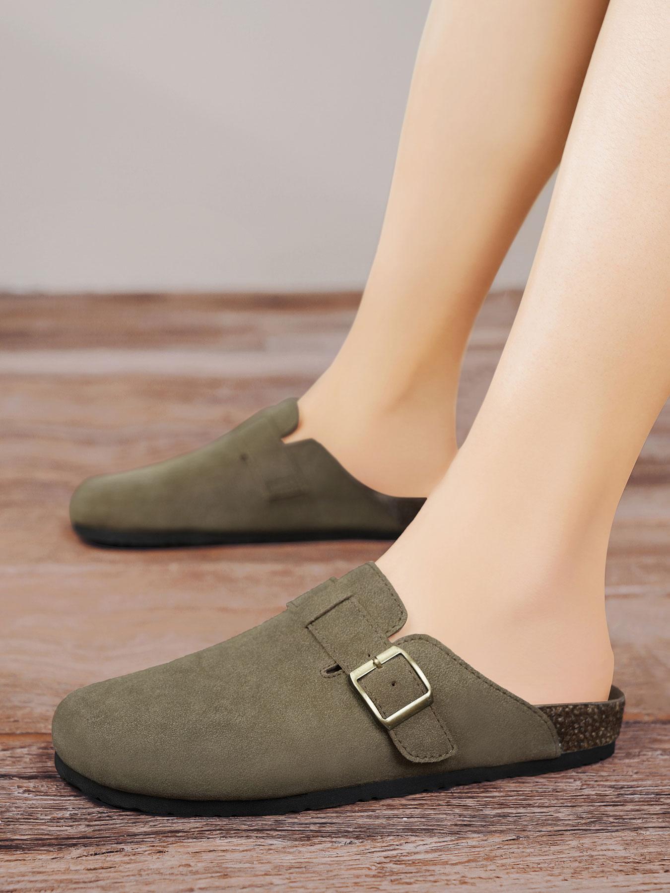 Men's Gray Suede Buckle Cork Insole Mules, Casual Comfort Style, Suede Material + Cork Insole + Metal Buckle + Non-Slip Sole, Comfortable Breathable, Simple Versatile , Ideal for Daily Home & Light Leisure Outings, Casual Shoes Clogs