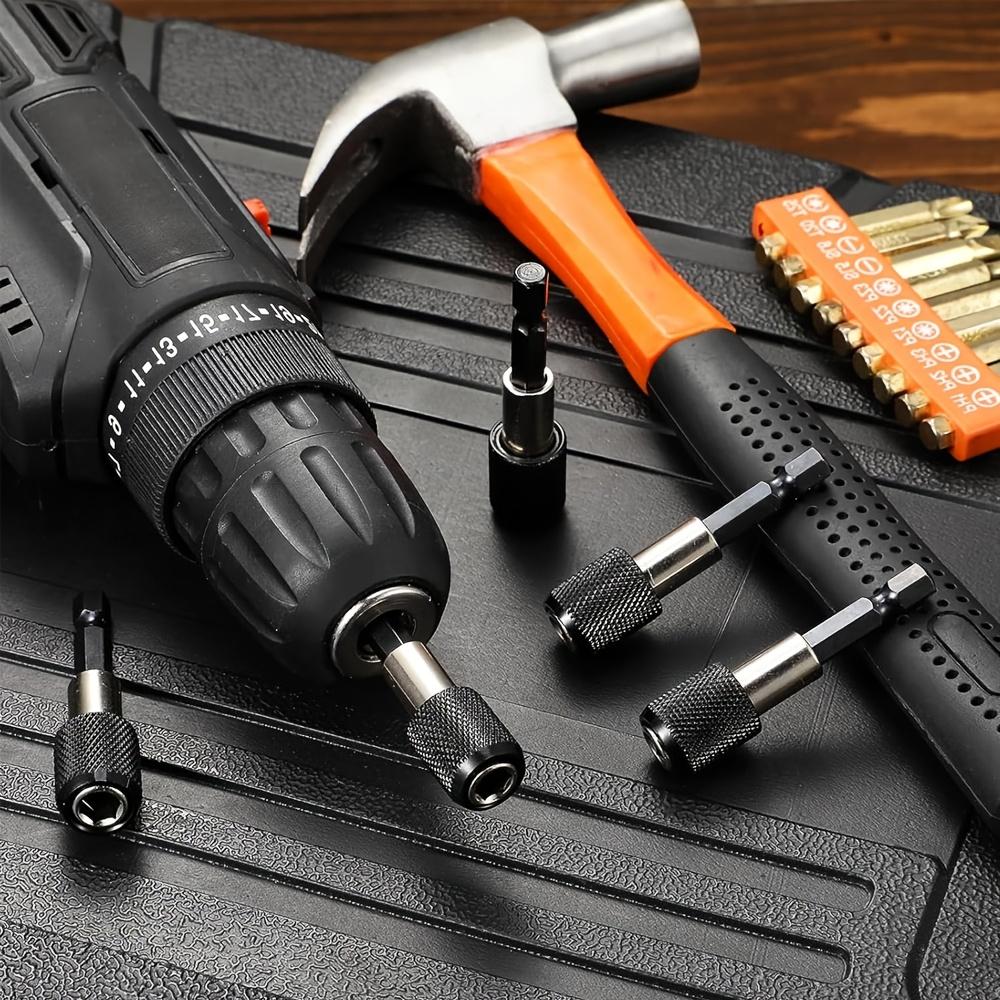 Set of 5 Magnetic Bit Holders with 1/4" Hex Shank, designed for quick release. These enhanced features include a drill bit extension rod and a chuck adapter suitable for screws and nuts.