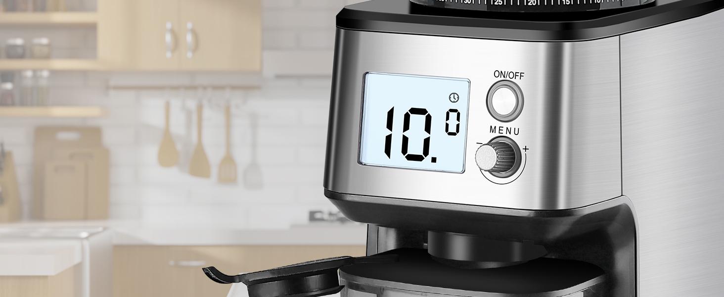 Homtone Conical Burr Coffee Grinder, Anti-Static Electric Espresso Grinder with 51 Precise Settings, Adjustable Coffee Bean Grinder for 2-12 Cups, Clog-Free, Digital Display Stainless Steel