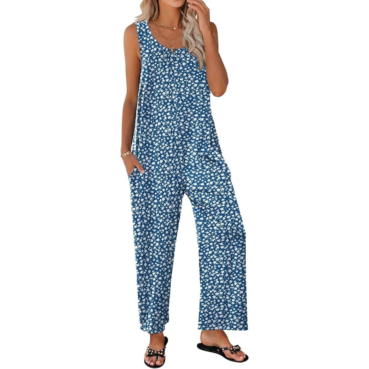 Sleeveless Jumpsuits for Women Casual Summer Scoop Neck Tank Rompers Wide Leg Pants Overall Jumpers with Pockets