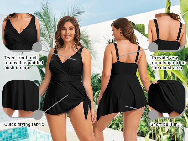 Daci Plus Size One Piece Swimsuits for Women Flowy Asymmetrical Hem Swim Dress with Shorts Built in