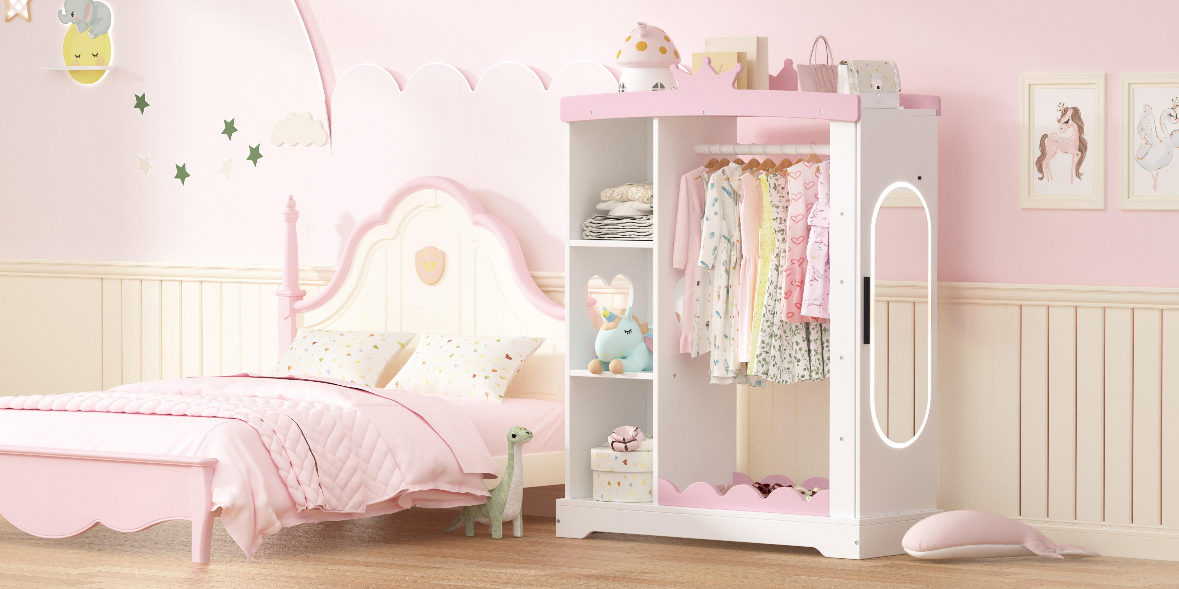 Topwin Kids Armoire with Jewelry Cabinet, Full-Length Lighted Mirror, Dress up Storage with Mirror and Shelves, Princess kids wardrobe, Pink & White