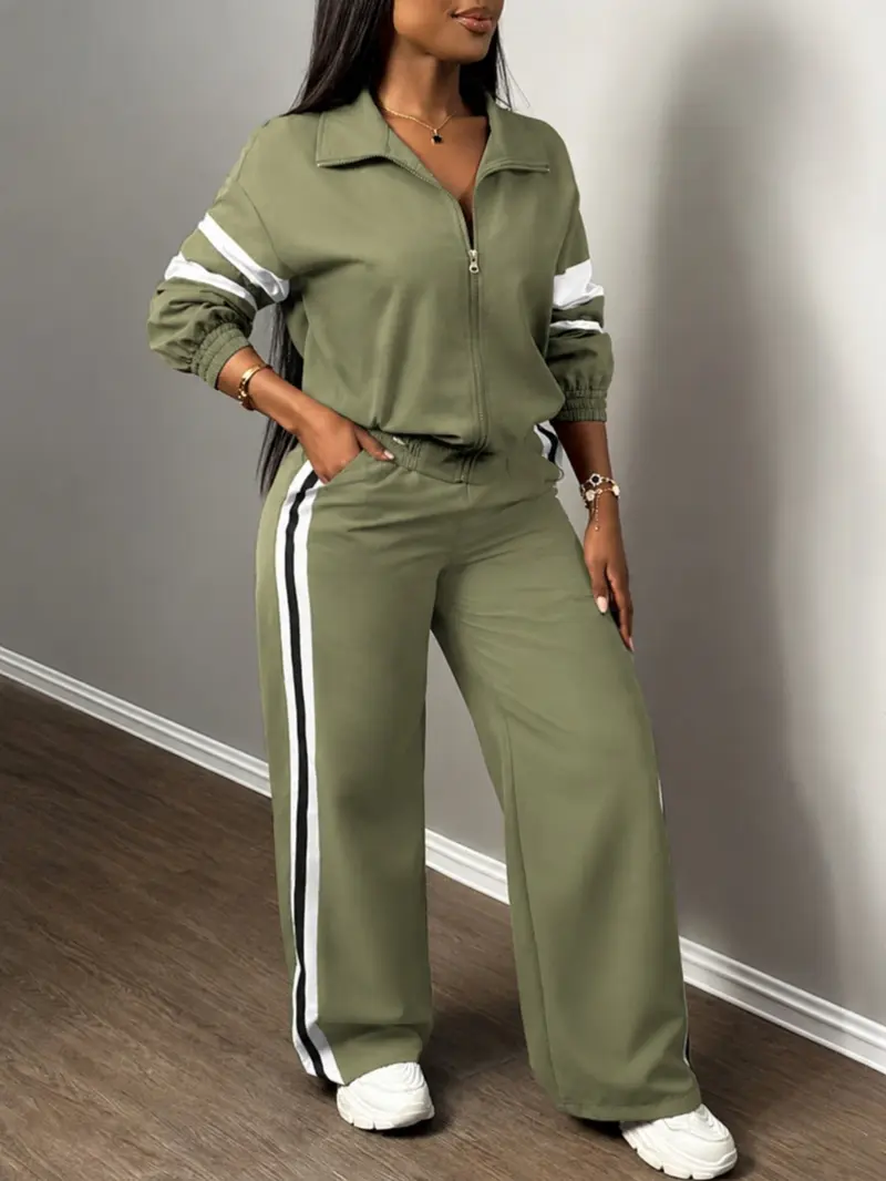 Women's zip-up jacket and wide-leg pants outfit